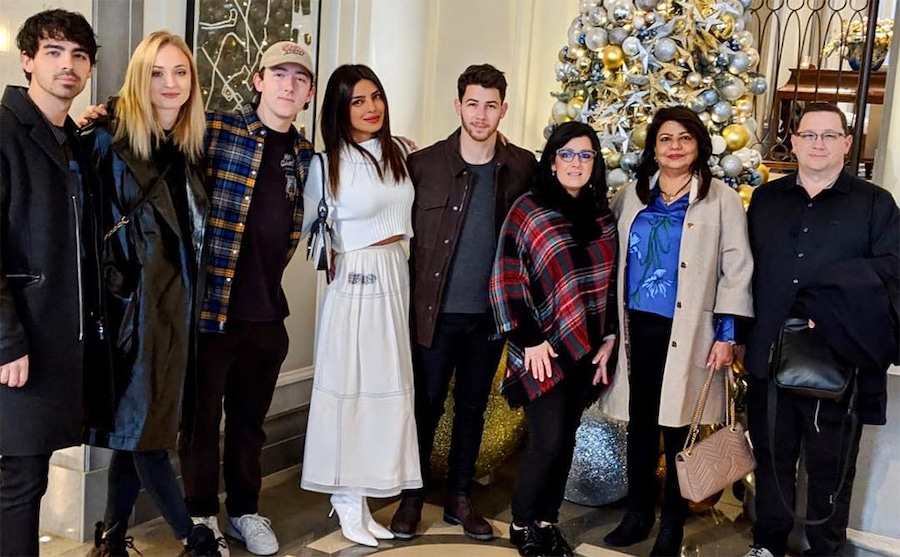 Joe Jonas, Sophie Turner, Frankie Jonas, Priyanka Chopra, Nick Jonas, Denise Jonas, Madhu Chopra, Kevin Jonas Sr., Christmas 2018